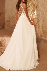 A Line Scoop Neck Sleeveless Lace Wedding Dress With Appliques Lace