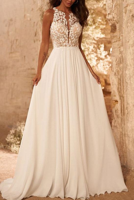 A Line Scoop Neck Sleeveless Lace Wedding Dress With Appliques Lace