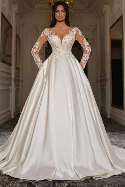 A Line Sleeve White Wedding Dress Beaded Lace Up Lace Ball Gown Bridal Gown With Pearls