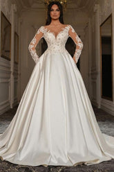 A Line Sleeve White Wedding Dress Beaded Lace Up Lace Ball Gown Bridal Gown With Pearls