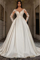 A Line Sleeve White Wedding Dress Beaded Lace Up Lace Ball Gown Bridal Gown With Pearls
