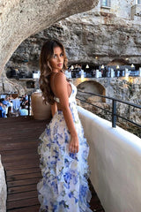 A Line Spaghetti Straps Blue Floral Printed Long Party Dress Formal Evening Gown