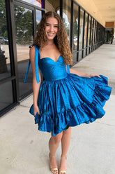 A Line Spaghetti Straps Blue Homecoming Dress Tiered Short Prom Dress with Bows