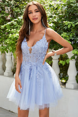 A Line Spaghetti Straps Light Purple Homecoming Dress Short Cocktail Dresses with Appliques
