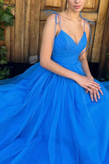 A-Line Spaghetti Straps Tea Length Cocktail Party Dresses Blue Homecoming Dress