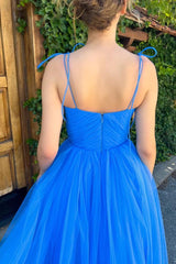 A-Line Spaghetti Straps Tea Length Prom Dress Blue Homecoming Dress