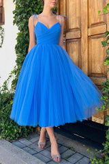 A-Line Spaghetti Straps Tea Length Prom Dress Blue Homecoming Dress