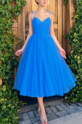 A-Line Spaghetti Straps Tea Length Prom Dress Blue Homecoming Dress
