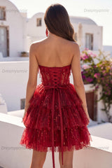 Burgundy Strapless Beaded A-Line Corset Short Homecoming Dress
