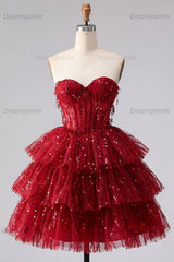 Burgundy Strapless Beaded A-Line Corset Short Homecoming Dress