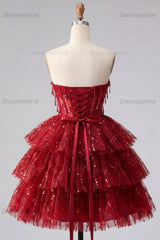 Burgundy Strapless Beaded A-Line Corset Short Homecoming Dress