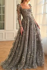 A Line Square Neck 3D Flowers Beaded Formal Dress With Sleeves