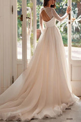 A Line Square Neckline Long Sleeves Chiffon Wedding Dress With High Split