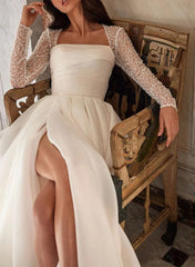 A Line Square Neckline Long Sleeves Chiffon Wedding Dress With High Split