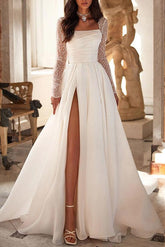 A Line Square Neckline Long Sleeves Chiffon Wedding Dress With High Split
