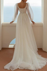 A Line Square Neckline Long Sleeves Lace/Tulle Bridal Gowns