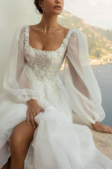 A Line Square Neckline Long Sleeves Lace/Tulle Bridal Gowns