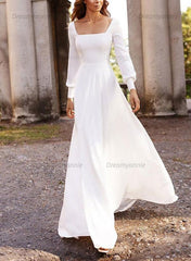 A Line Square Neckline Long Sleeves Satin Sweep Train Wedding Dress