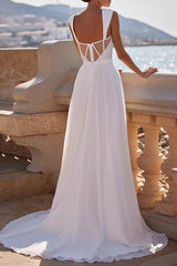 A Line Square Neckline Sleeveless Chiffon Wedding Dress With High Split