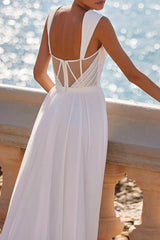 A Line Square Neckline Sleeveless Chiffon Wedding Dress With High Split