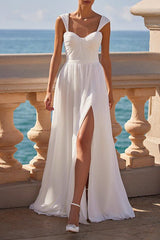 A Line Square Neckline Sleeveless Chiffon Wedding Dress With High Split
