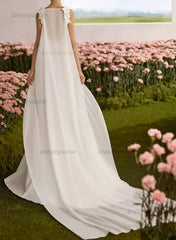 A Line Square Neckline Sleeveless Court Train Chiffon Satin Wedding Dress with Flowers and Overskirt