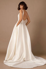 A Line Square Neckline Sleeveless Satin Court Train Wedding Dress With Pleated Pockets