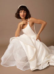 A Line Square Neckline Sleeveless Satin Court Train Wedding Dress With Pleated Pockets