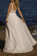 A Line Square Neckline Sleeveless Sweep Train Chiffon/Lace Wedding Dress
