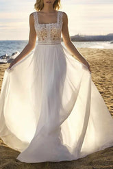 A Line Square Neckline Sleeveless Sweep Train Chiffon/Lace Wedding Dress
