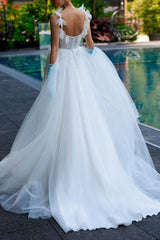 A Line Square Neckline Sleeveless Sweep Train Lace/Tulle Bridal Gowns