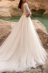 A Line Square Neckline Tulle Wedding Dress With Appliques Lace