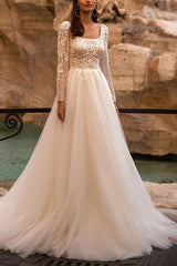 A Line Square Neckline Tulle Wedding Dress With Appliques Lace