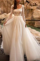 A Line Square Neckline Tulle Wedding Dress With Appliques Lace