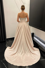 Dreamyannie A Line Strapless Beading Sleeveless Slit Satin Formal Dress With Rhinestones