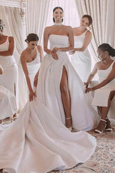 A Line Strapless Chapel Train Elegant Satin Wedding Dress With Front Split