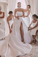 A Line Strapless Chapel Train Elegant Satin Wedding Dress With Front Split