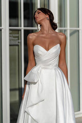A Line Strapless Satin Wedding Dress With Split Front Bow