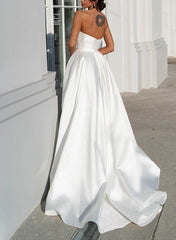 A Line Strapless Satin Wedding Dress With Split Front Bow