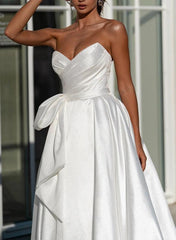 A Line Strapless Satin Wedding Dress With Split Front Bow