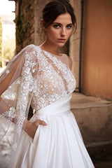 A Line Sweep Train Satin Wedding Dress With Appliques Lace