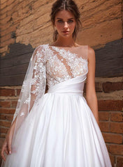 A Line Sweep Train Satin Wedding Dress With Appliques Lace