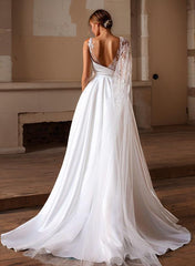 A Line Sweep Train Satin Wedding Dress With Appliques Lace