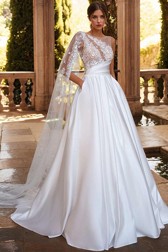A Line Sweep Train Satin Wedding Dress With Appliques Lace