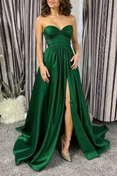 A Line Sweetheart Dark Green Prom Dress Satin Formal Dress With Slit