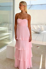 A Line Sweetheart Pink Long Prom Dress With Ruffles Formal Evening Gown