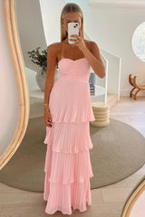 A Line Sweetheart Pink Long Prom Dress With Ruffles Formal Evening Gown