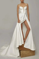 A Line Sweetheart Sleeveless Chapel Train Satin Wedding Dress with Pockets