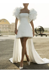 A Line Sweetheart Sleeveless Short Mini Detachable Taffeta Wedding Dress with Beading
