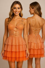 A Line Sweetheart Tiered Satin Homecoming Dress with Keyhole